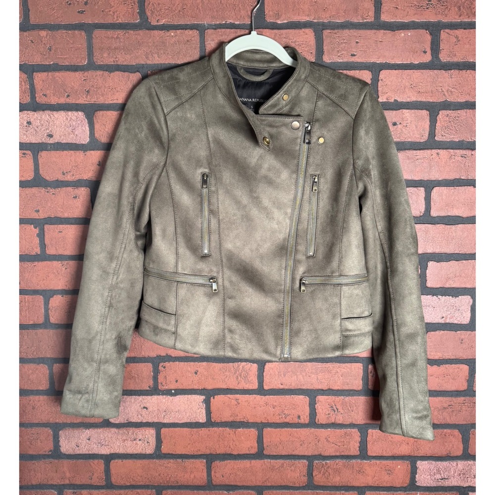 Banana‎ Republic Vegan Suede Green Moto Jacket Womens Size Small Gorpcore NWOT